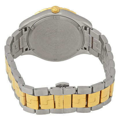 Caseback of Versace Hellenyium watch showing stainless steel case with gold plated accents