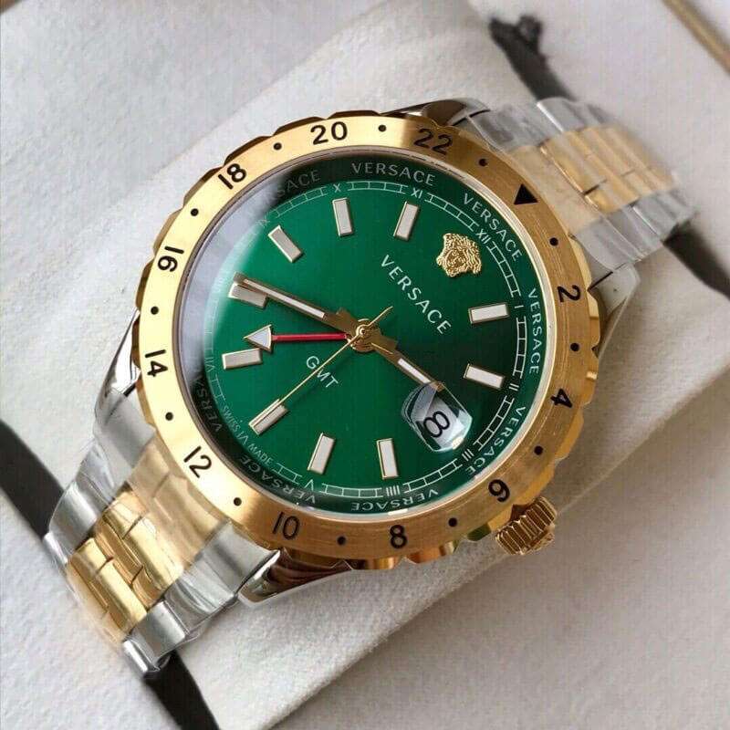 Angled side view of Versace Hellenyium watch with green dial and rose gold bezel