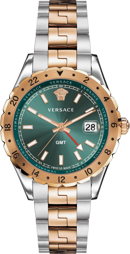 Versace Hellenyium two-tone watch with green dial, rose gold bezel, and date window