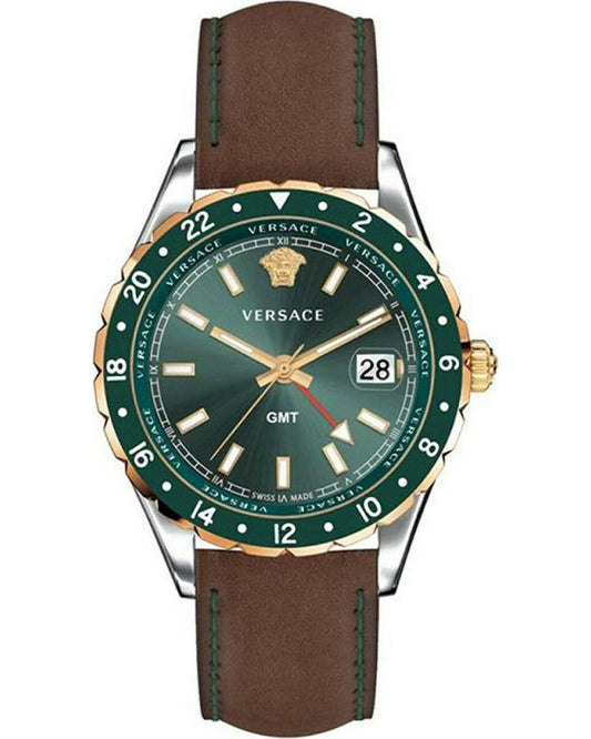 Versace Hellenyium men's watch with green dial, brown leather strap and rotating bezel
