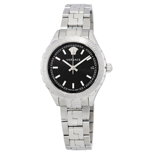 Versace Hellenyium black dial ladies watch with stainless steel case and bracelet