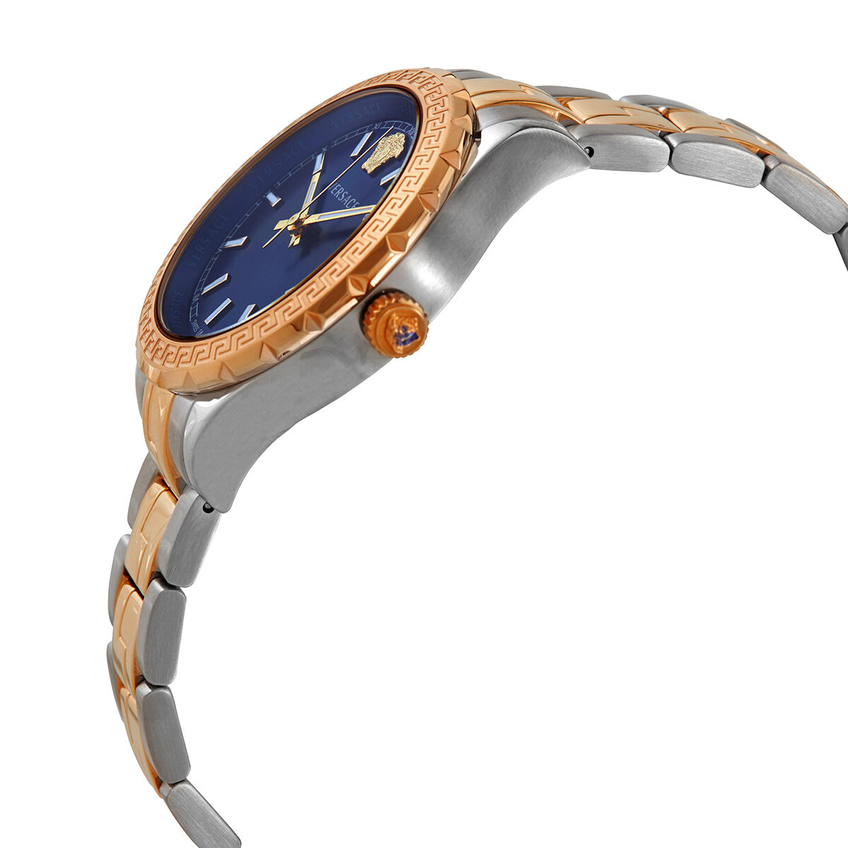 Side angle view of Versace Hellenyium watch with rose gold and steel case