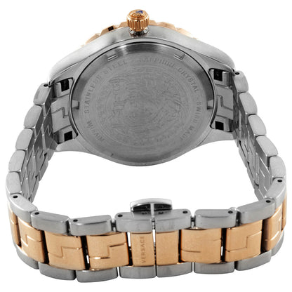 Caseback of Versace Hellenyium watch showing two-tone steel and rose gold bracelet