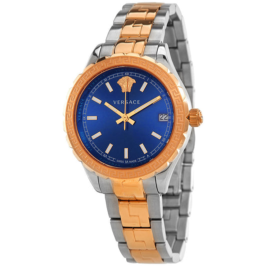 Versace Hellenyium quartz watch with blue dial, rose gold bezel, and two-tone bracelet