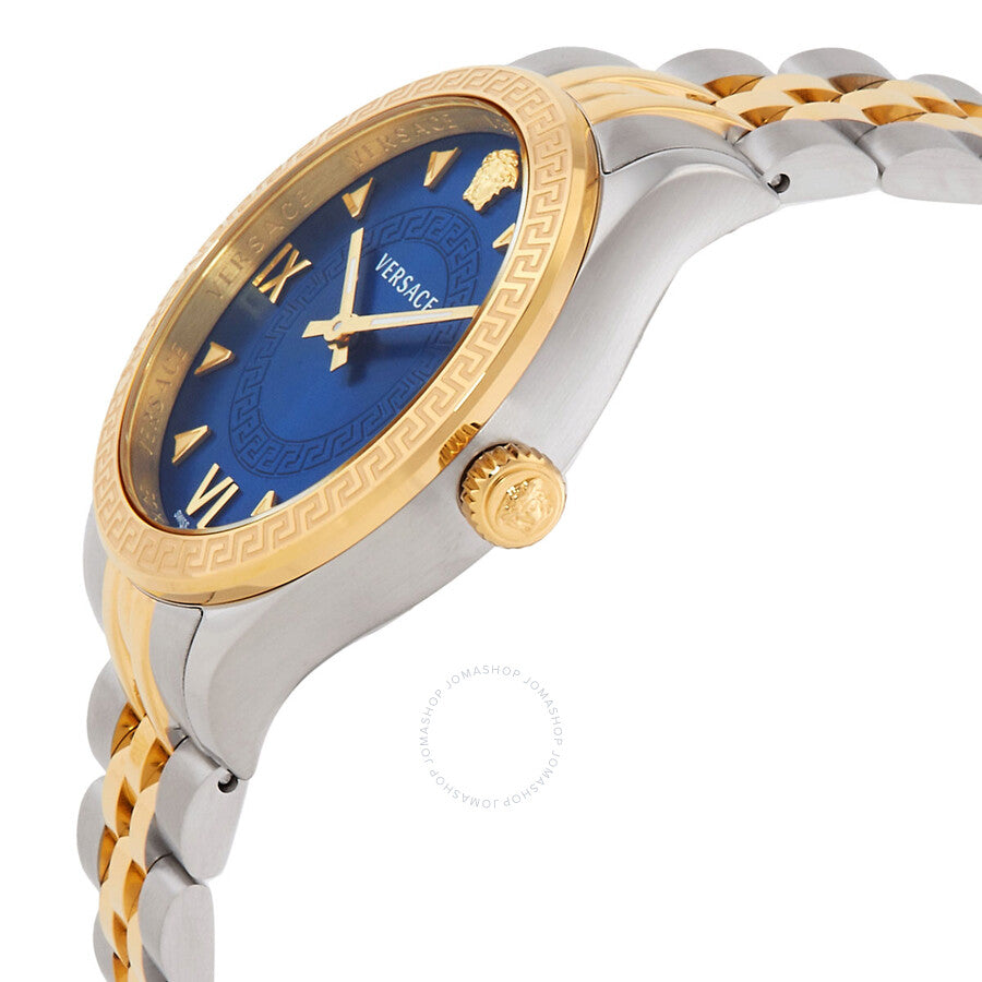 Side angle view of Versace Hellenyium watch showing two-tone stainless steel and gold case
