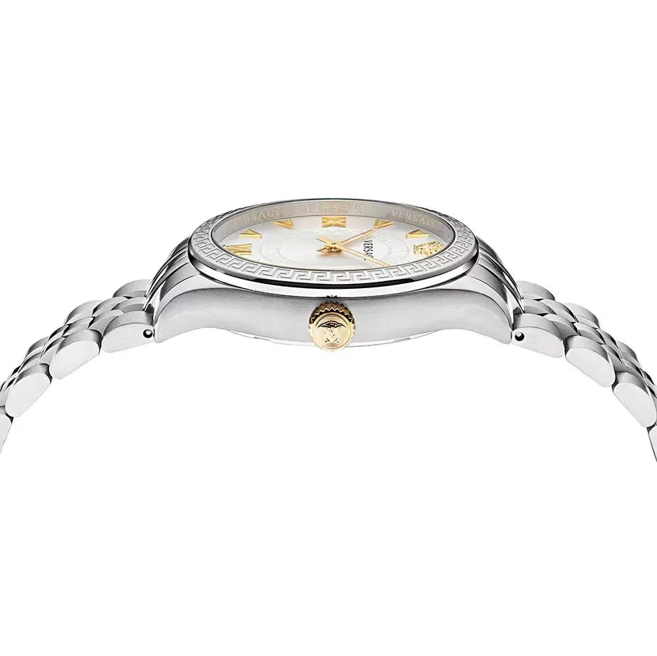 Caseback view of Versace Hellenyium women's watch showing metal case back