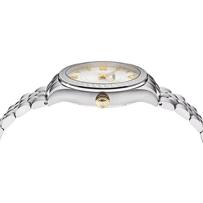Caseback view of Versace Hellenyium women's watch showing metal case back