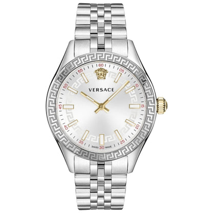 Versace Hellenyium women's watch with white dial, silver steel case and bracelet