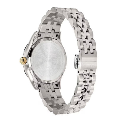 Side view of Versace Hellenyium watch showing silver steel bracelet and case profile