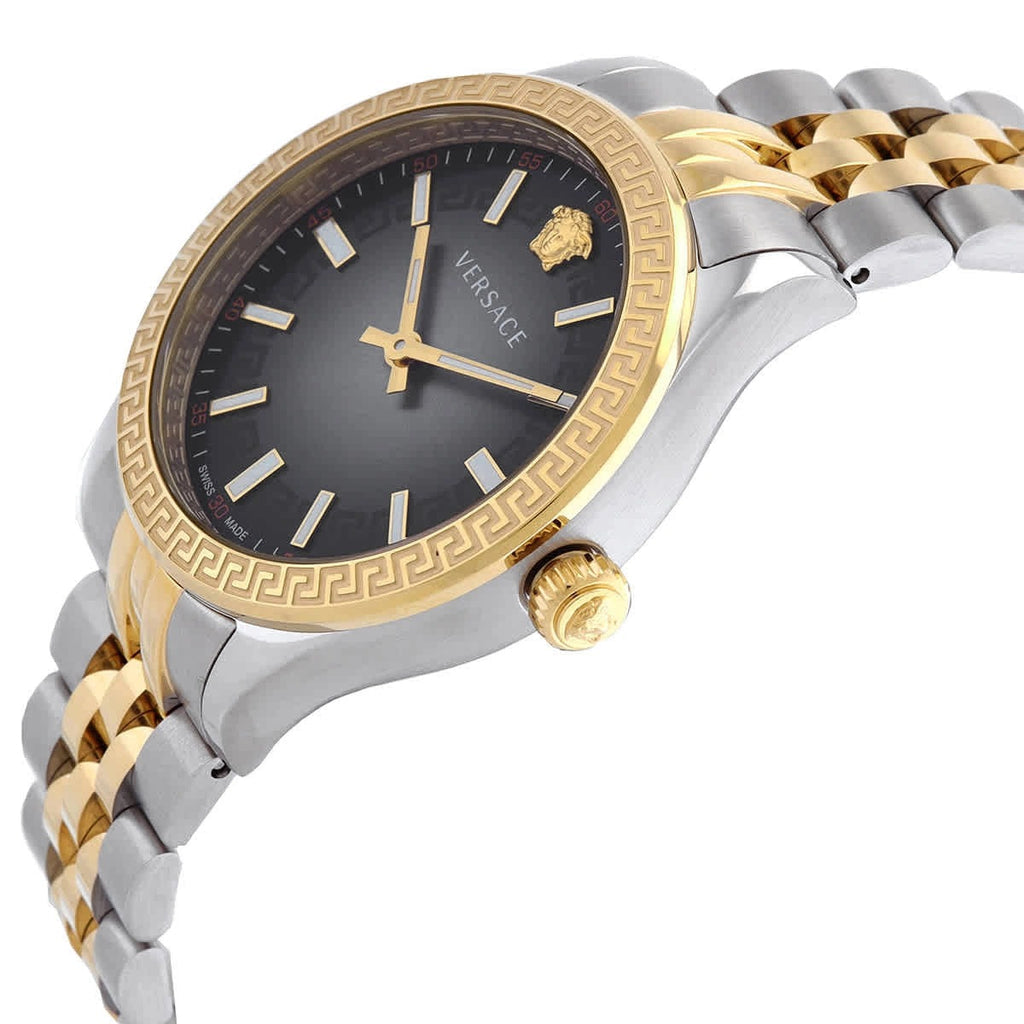 Angled view of Versace Hellenyium watch showing two-tone steel and gold bracelet