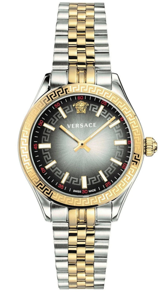 Versace Hellenyium grey dial women's watch with two-tone steel strap and gold bezel