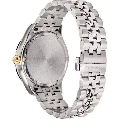 Caseback view of Versace Hellenyium silver watch showing brushed stainless steel