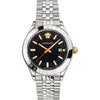 Versace Hellenyium silver men's watch with black dial, gold hands and Medusa logo