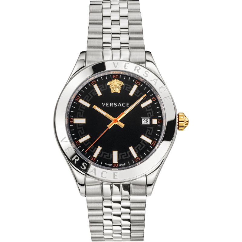 Versace Hellenyium silver men's watch with black dial, gold hands and Medusa logo
