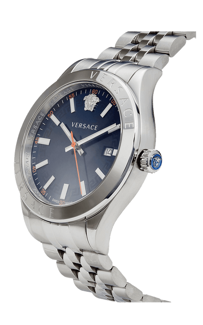 Versace Hellenyium watch side profile showing silver bracelet and blue dial with date window
