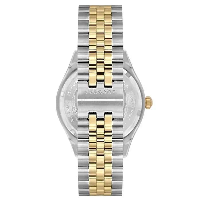 Caseback view of Versace Hellenyium watch showing two-tone stainless steel bracelet