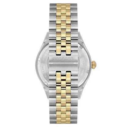 Caseback view of Versace Hellenyium watch showing two-tone stainless steel bracelet