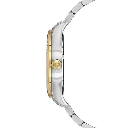 Side profile of Versace Hellenyium two-tone watch showing case and integrated bracelet