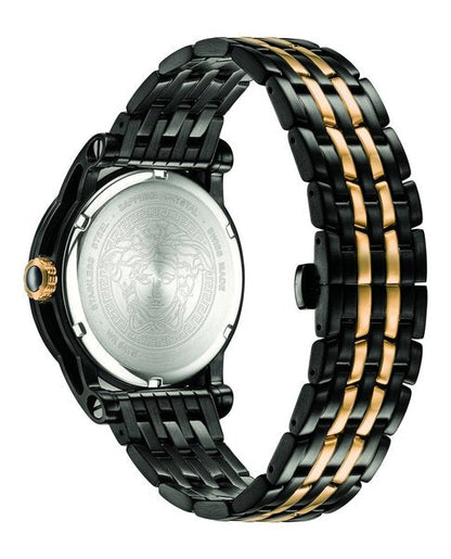 Case back view showing engraved Versace medallion on black ion plated watch with two-tone bracelet