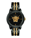 Versace men's watch with black dial, gold Medusa medallion, and two-tone black and gold bracelet