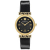 Versace Meander women's watch with black dial, goldtone case, and patterned black leather strap