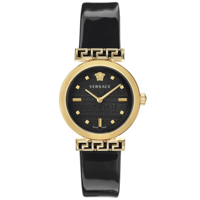 Versace Meander women's watch with black dial, goldtone case, and patterned black leather strap