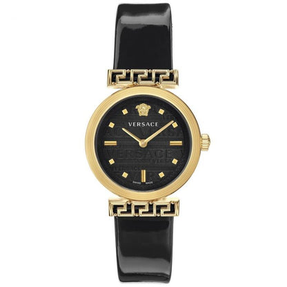 Versace Meander women's watch with black dial, goldtone case, and patterned black leather strap