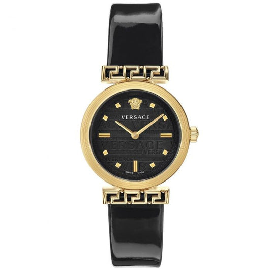 Versace Meander women's watch with black dial, goldtone case, and patterned black leather strap