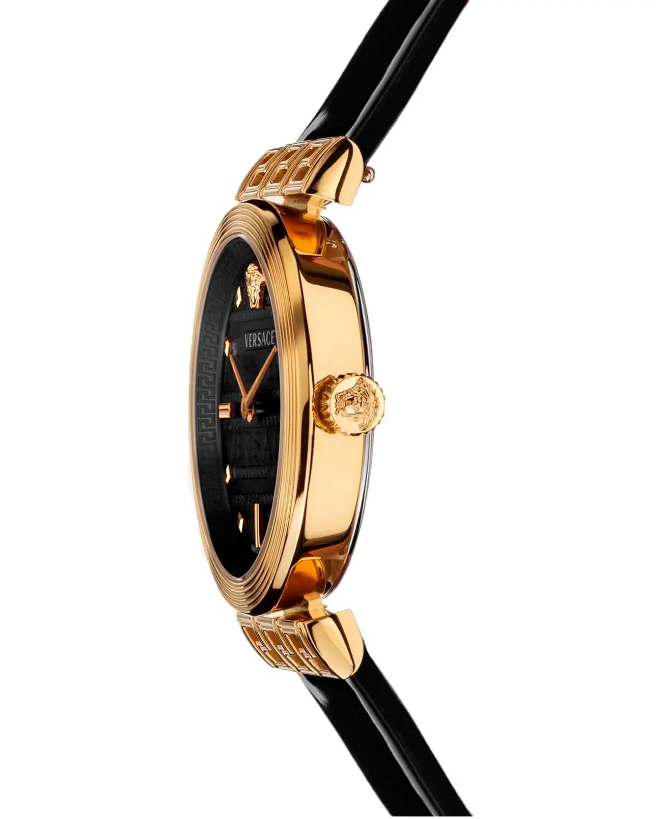 Side profile of Versace Meander watch showing goldtone case thickness and black leather strap