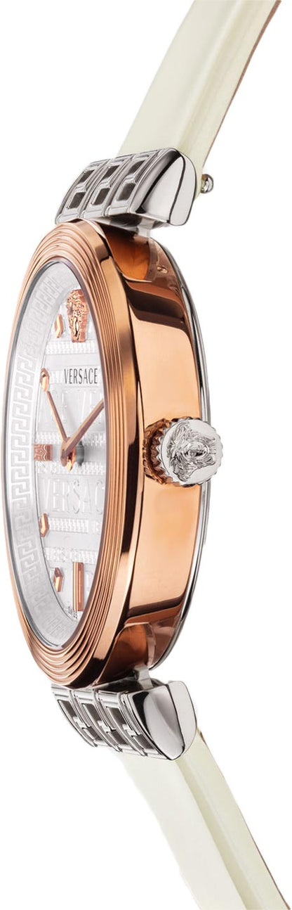 Versace Meander watch side profile showing rose gold case thickness and white leather strap