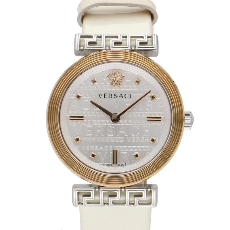 Versace Meander watch face with rose gold bezel, white dial, and Greek key pattern band