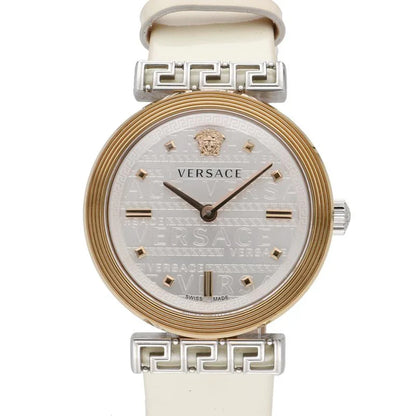 Versace Meander watch face with rose gold bezel, white dial, and Greek key pattern band