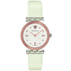 Versace Meander women's watch with rose gold case, white dial, and white leather strap
