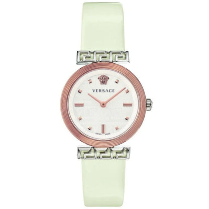 Versace Meander women's watch with rose gold case, white dial, and white leather strap