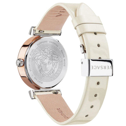 Versace Meander watch caseback showing sapphire crystal and white leather strap detail