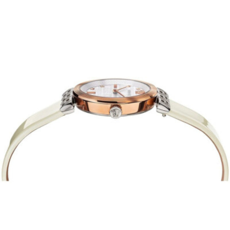 Versace Meander watch top view showing rose gold case and white leather strap