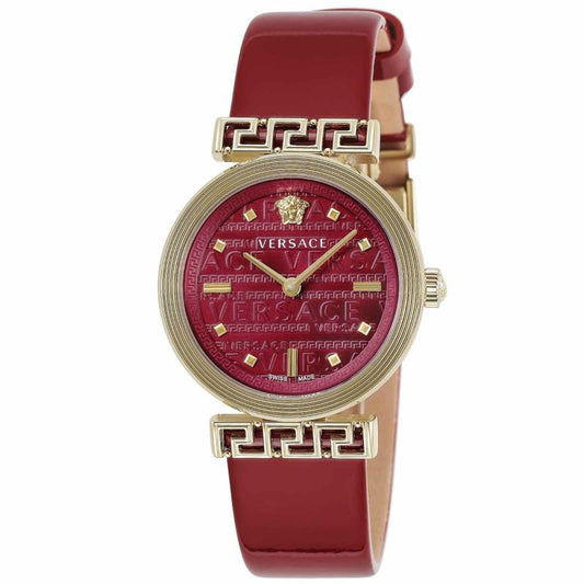 Versace Meander women's watch with red dial, gold-tone case and red leather strap
