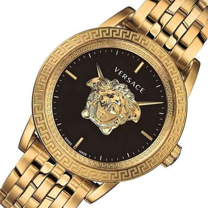 Versace Palazzo Empire watch angled view showing Greek key bezel and gold-tone bracelet