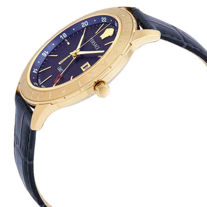Versace Univers GMT watch side view showing gold case profile and blue leather strap