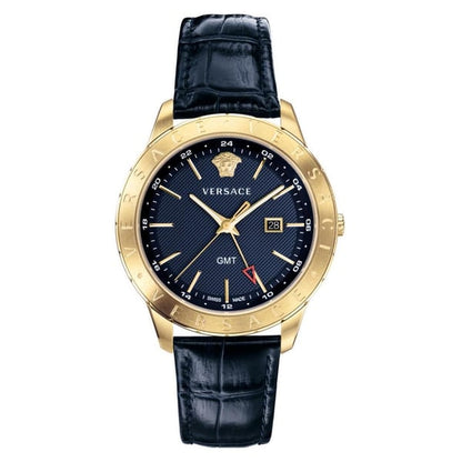 Versace Univers GMT blue dial men's watch with gold-tone case and blue leather strap