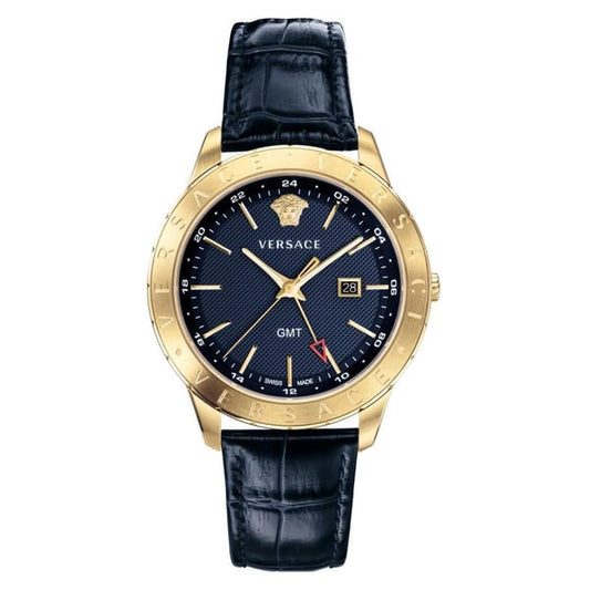 Versace Univers GMT blue dial men's watch with gold-tone case and blue leather strap