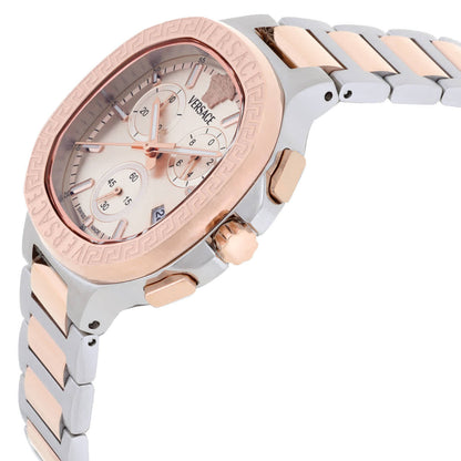 Side angle view of Versace V-Chrono Square watch showing rose gold case and two-tone bracelet
