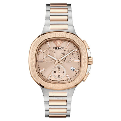 Versace V-Chrono Square chronograph watch with rose gold dial and two-tone bracelet