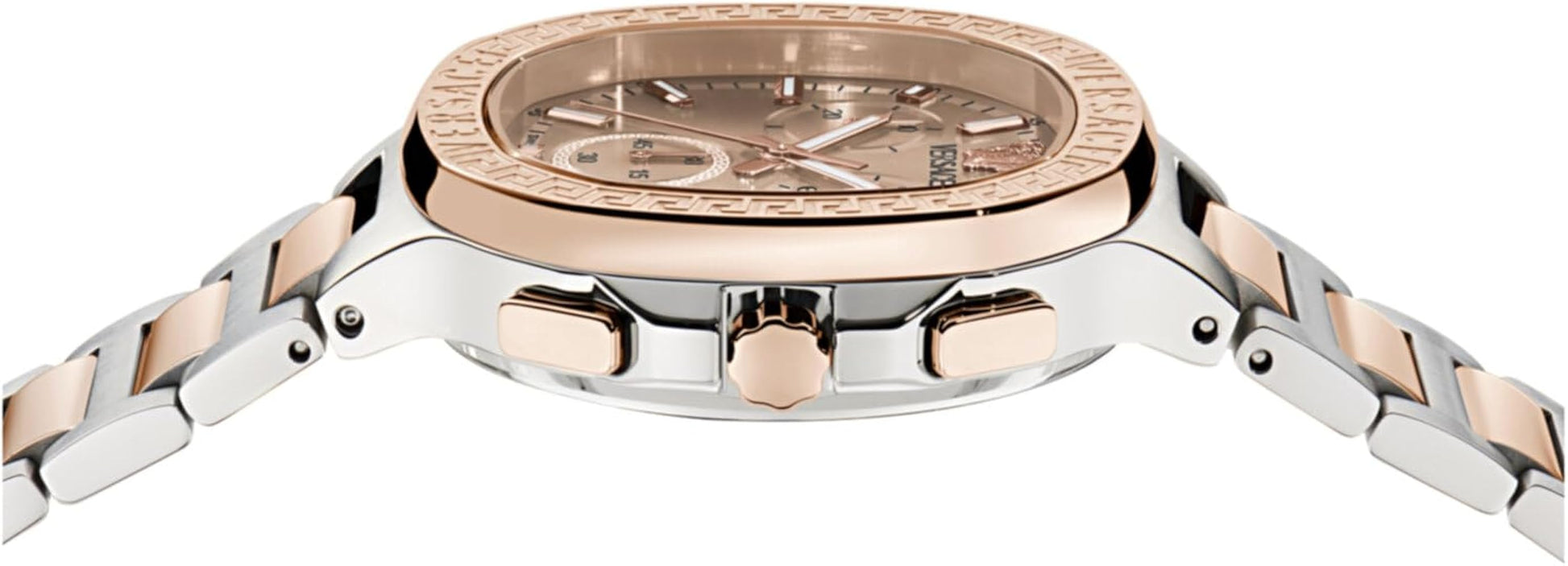 Top view of Versace V-Chrono Square watch case and bracelet