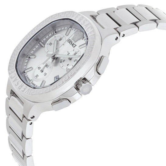 Side angle view of Versace V-Chrono square watch with chronograph subdials