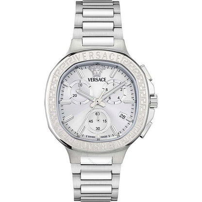 Versace V-Chrono square chronograph watch with white dial and stainless steel bracelet