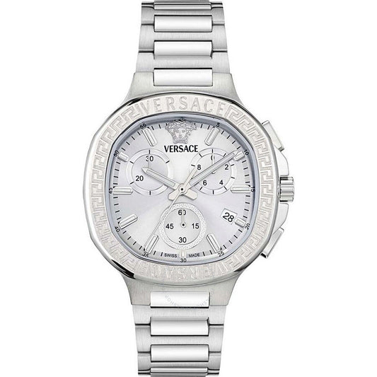 Versace V-Chrono square chronograph watch with white dial and stainless steel bracelet