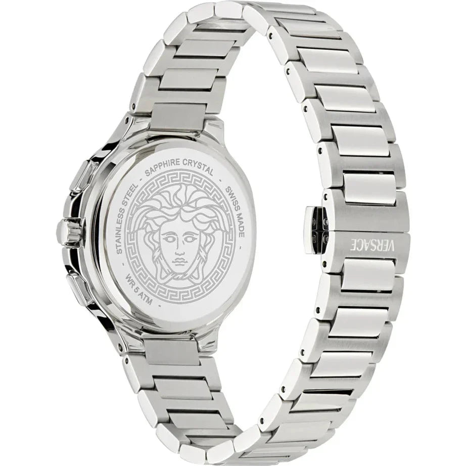 Side profile view of Versace V-Chrono watch with stainless steel bracelet