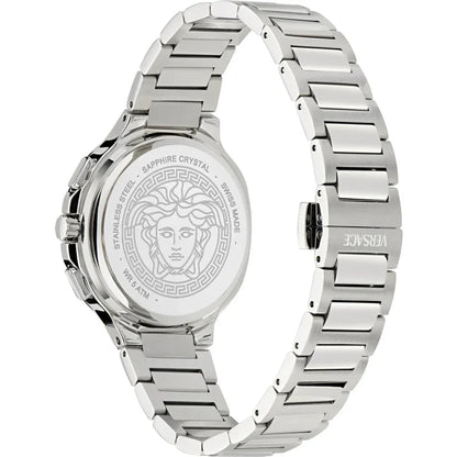 Side profile view of Versace V-Chrono watch with stainless steel bracelet