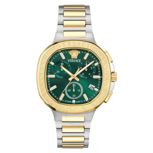 Versace V-Chrono Square green dial chronograph watch with dual-tone steel and gold case